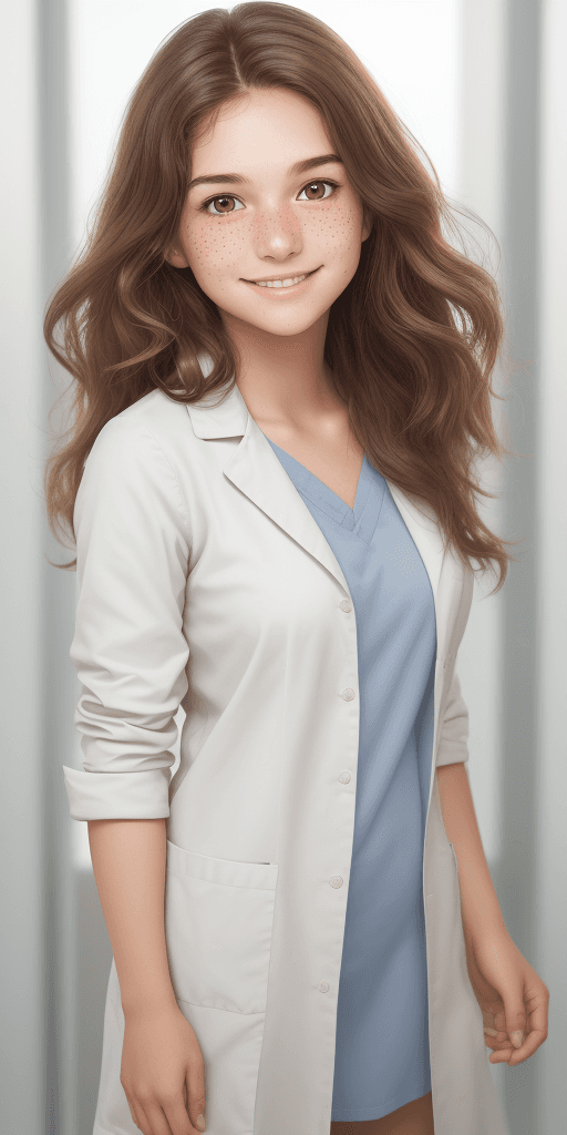 AI generated: [Three-quarter close-up: :12], [Smart face, plain brown wavy hair, (fair skin: 1.2), freckles on the...