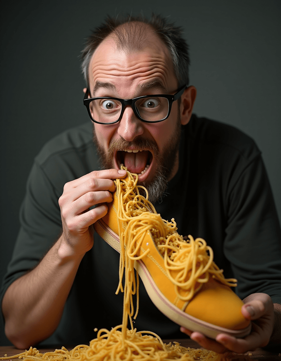 AI generated: A photograph of a man eating a shoe filled with spagetti, very messy, Caucasian man with glasses
