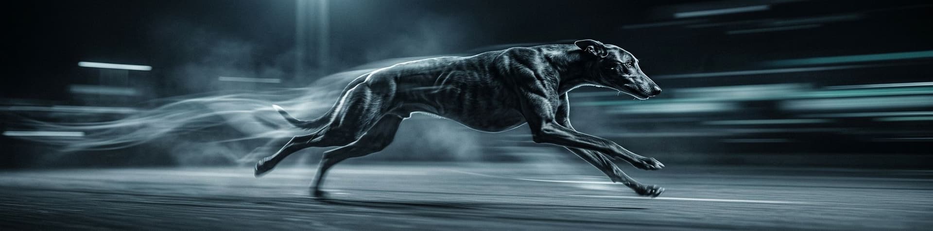 AI generated: cinematic long-exposure photograph of a racing greyhound dog sprinting at maximum speed, captured mi...