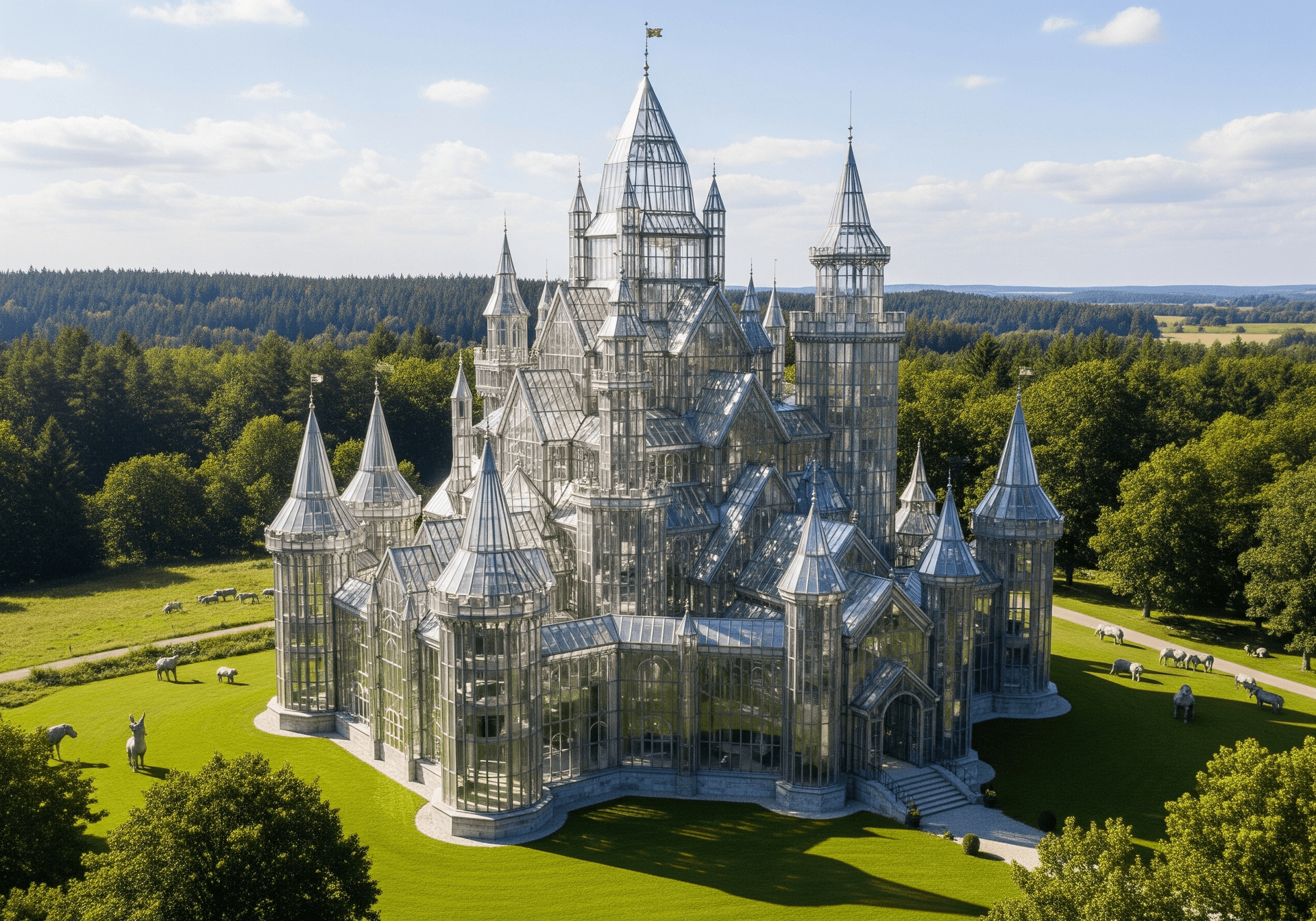 AI generated: "IMAX shot, Grand Glass Castle, with towering corner turrets and robust glass walls, shimmering beau...