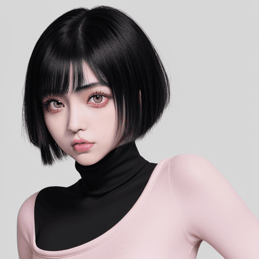 AI generated: Japanese girl, jirai-kei makeup, xiaohongshu makeup, douyin girl, short black hair, shaggy black hai...
