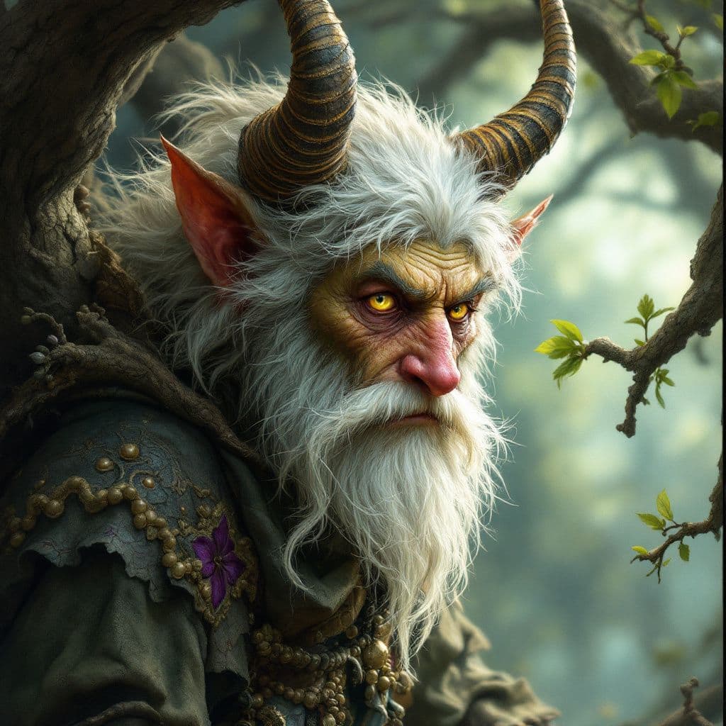 AI generated: A portrait of a folklore character, such as a sly trickster or a benevolent spirit. The style is rem...