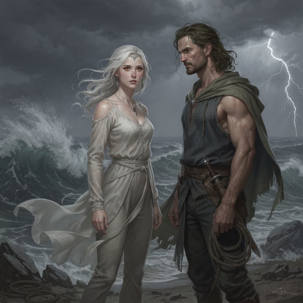 AI generated: Mid-evil fantasy world, Wheel of Time. - A man and a woman stand in front of a stormy sea.  
The wom...
