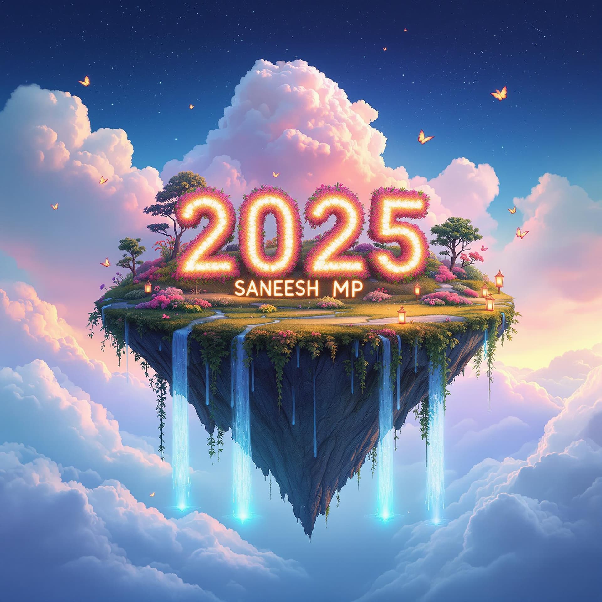 AI generated: A serene floating island in a surreal dreamscape, where waterfalls cascade into the void. The text '...