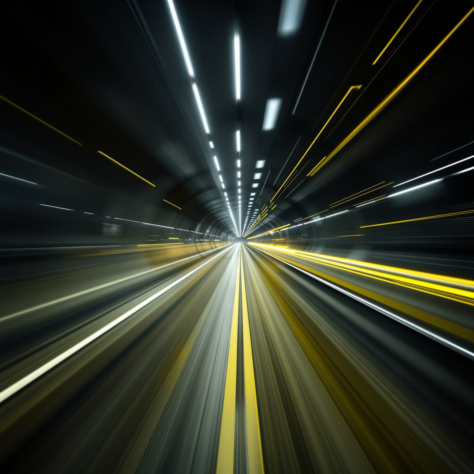 AI generated: futurerstic, tunnel, fluchtpunkt, white, bright moving lights, long exposure, speed, dynamic, symmet...