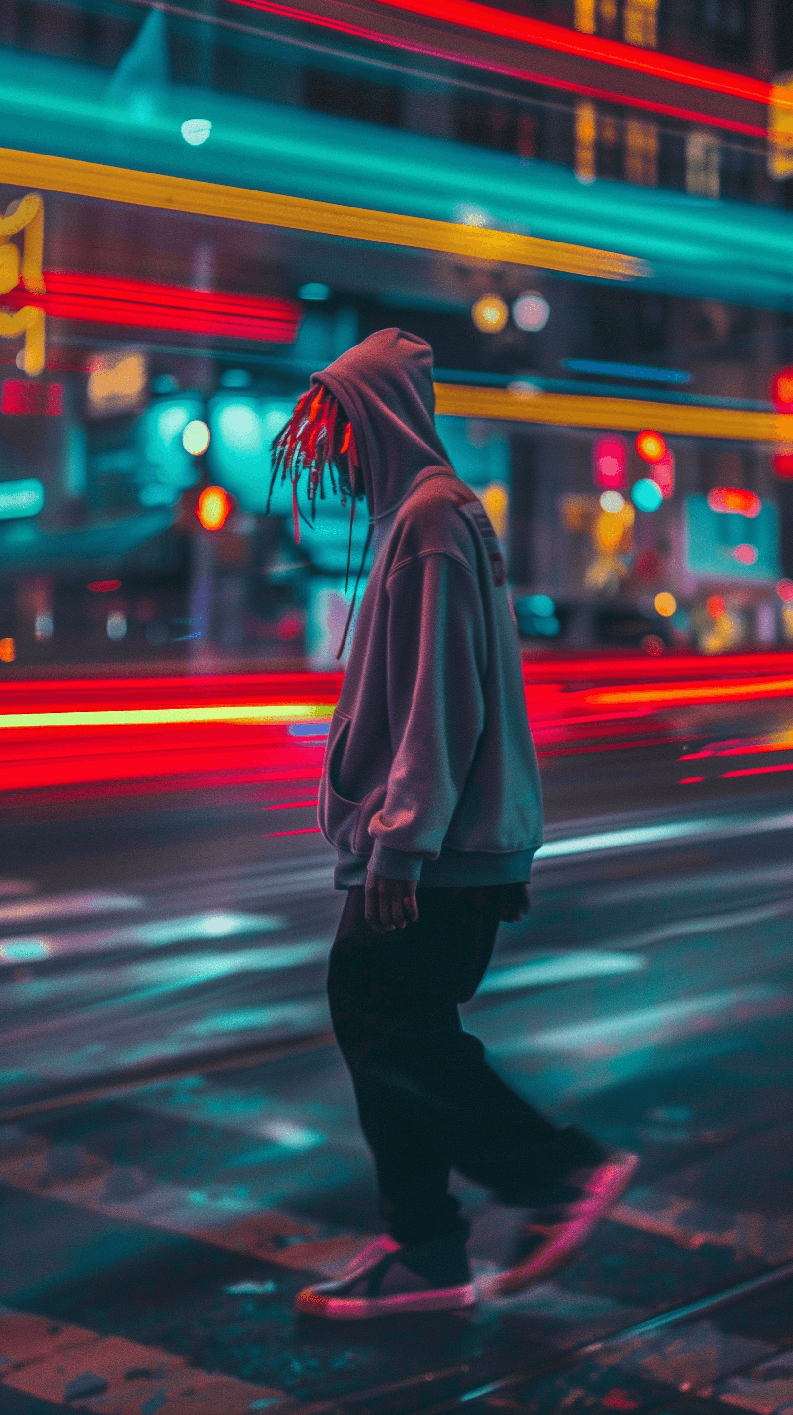 AI generated: high-resolution photography, vibrant street photography capturing a man model in motion at night, we...