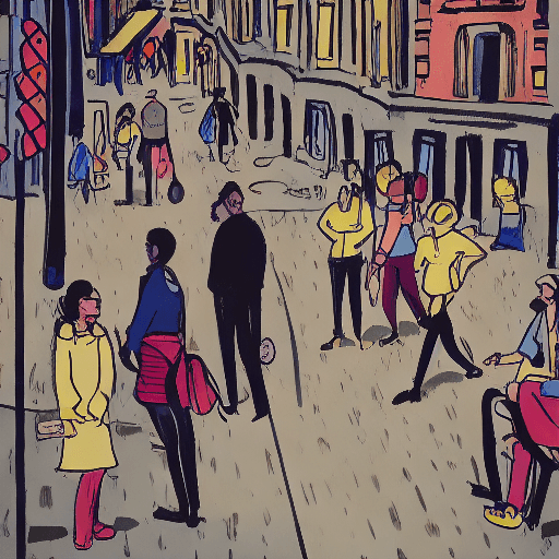 AI generated: Two people talking on a crowded street.