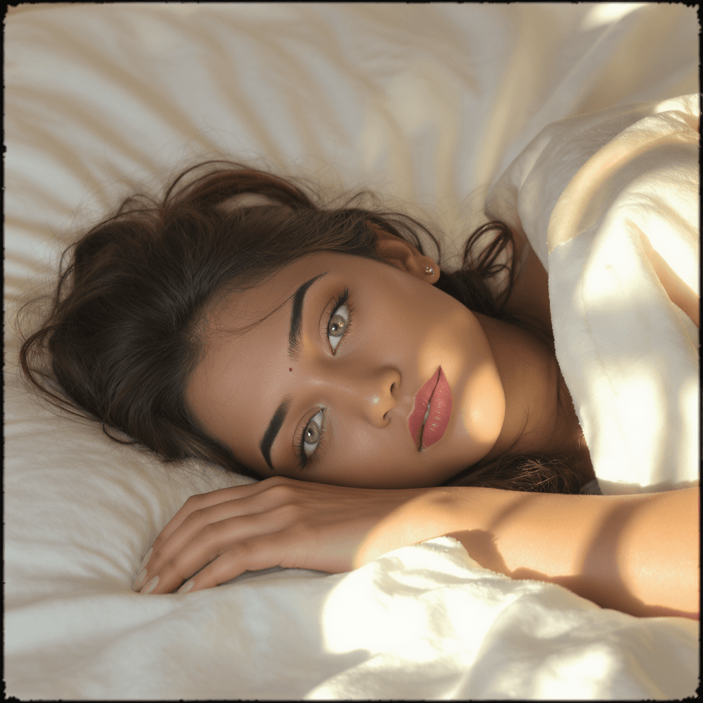 AI generated: an attractive young East Indian woman with green eyes lying face down on the bed, in the style of an...