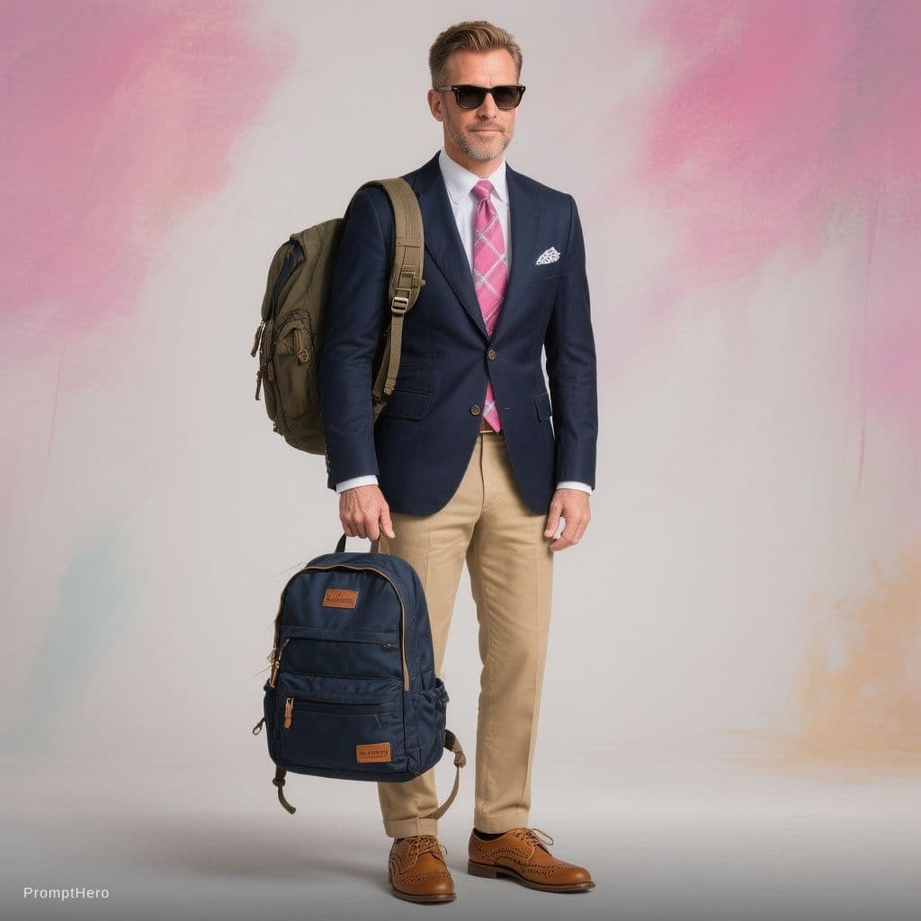 AI generated: Description with knolling parts, dapper gentleman, Full body, one American man, wearing navy italian...