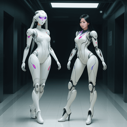 AI generated: 2 Beautiful Asian women in a white bodysuits, futuristic robotic face, beautiful eyes, full lips, lo...