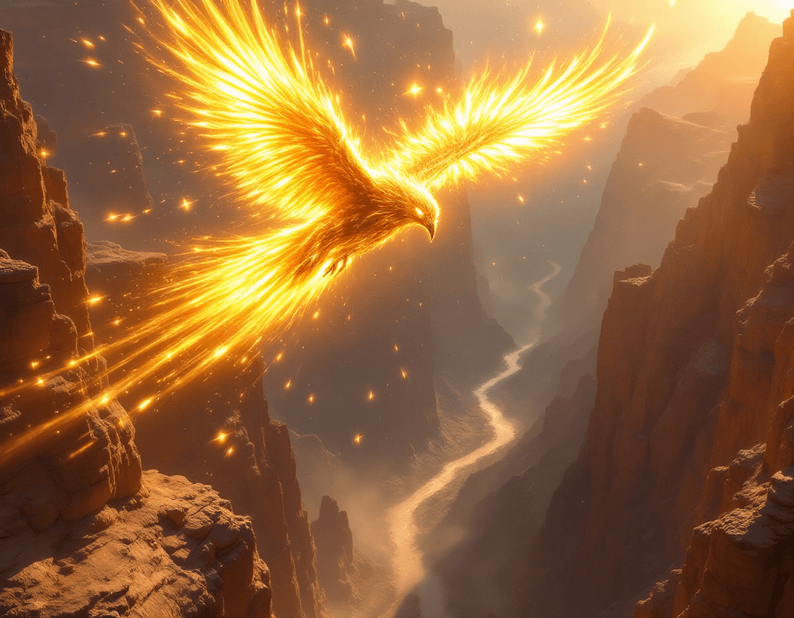 AI generated: Soaring high above a vast, sunlit canyon, the Solhawk blazes across the sky — a majestic solar-eleme...