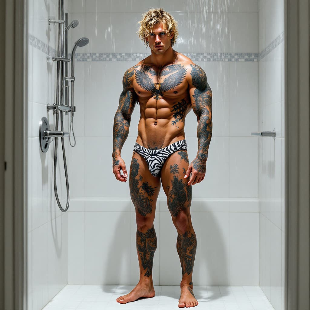 AI generated: Full body view, tall toned jock, blue eyes, wavy blond messy hair, lots of tattoos, eagle chest tatt...