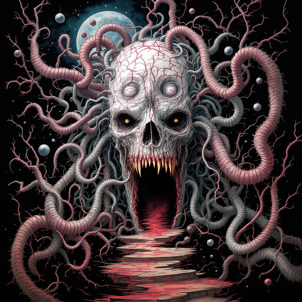 AI generated: "FULL IMAGE/NO TEXT/horror Regurgitative Symbiosis terror /Intricate Details/FINELINE/ABSURDES/100  ...