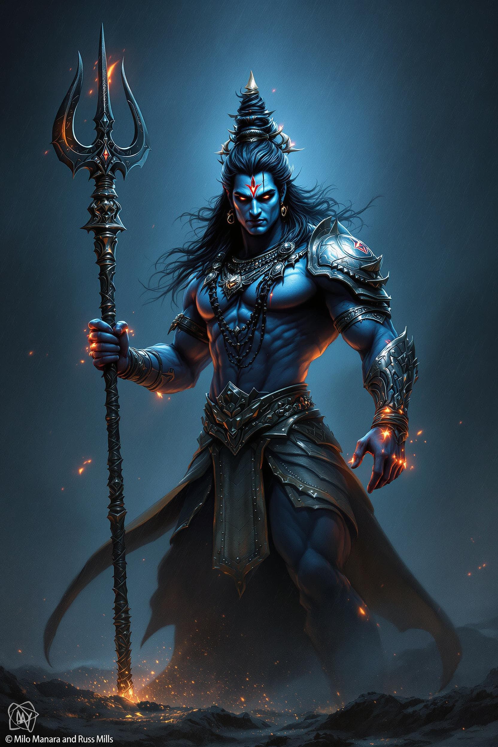 AI generated: digital wallpaper, Lord Shiva the warrion, trishul in his hand, alone, glowing elements, intricate a...