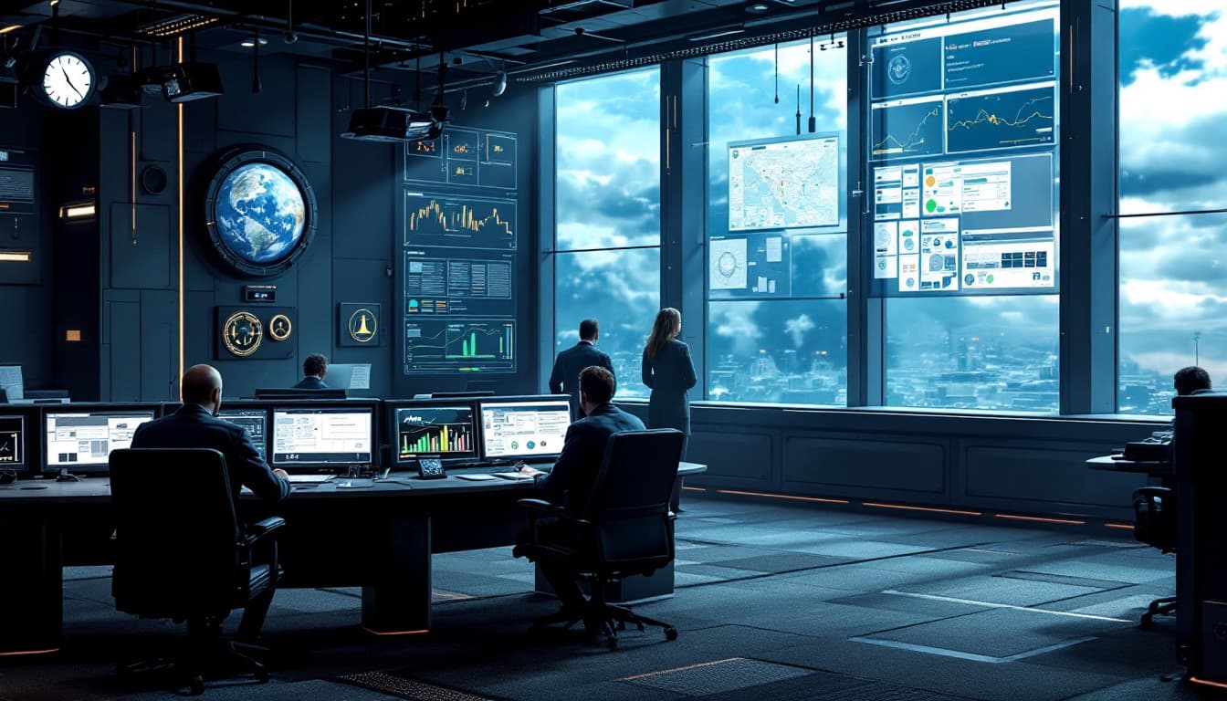 AI generated: story board, An open view of the war operations control center