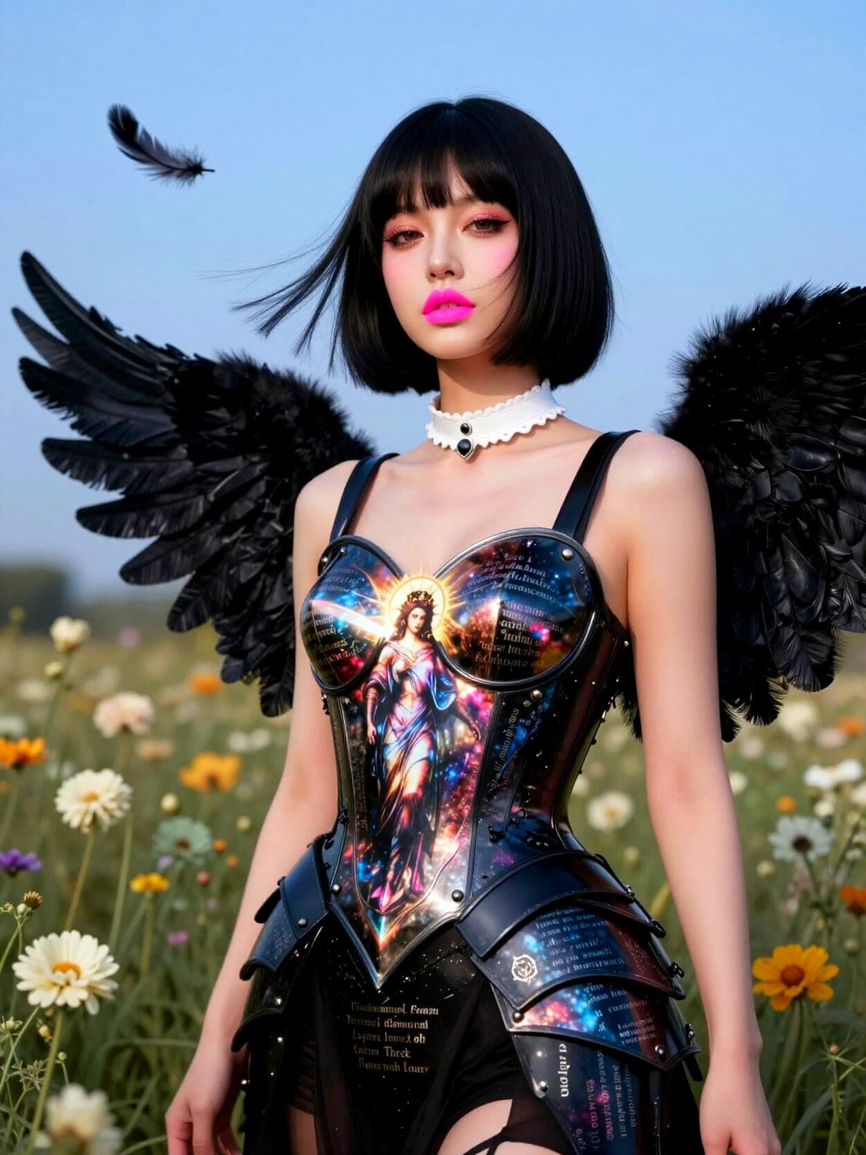 AI generated: A striking high fashion editorial photograph captures a young woman with a sharp, chin-length black ...