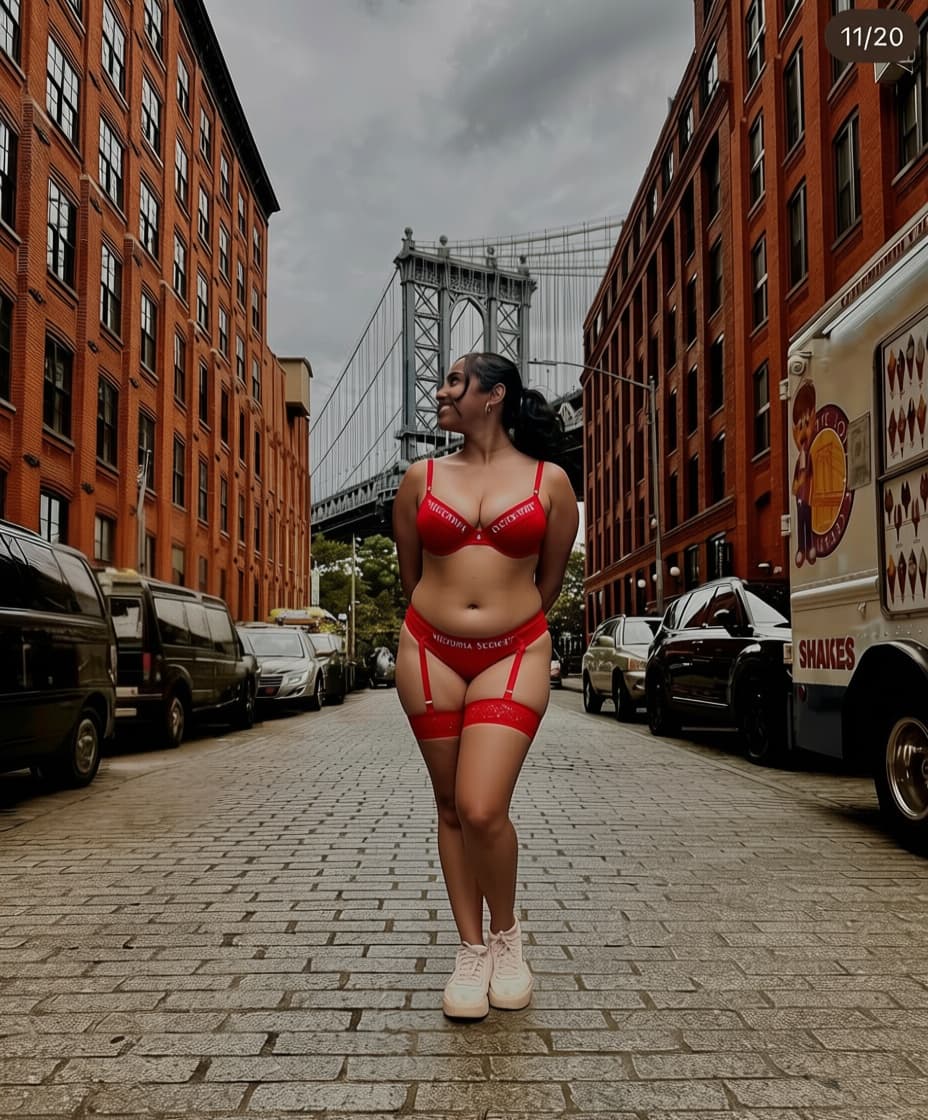 AI generated: Can you give her a tiny red victoria secret lingerie set and make her chest bigger
