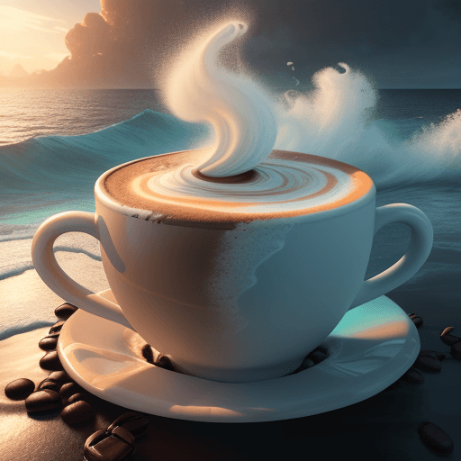 AI generated: a giant cup of coffee, frothing, swirling ocean, lifelike, ((highly detailed)), ((((professionally c...