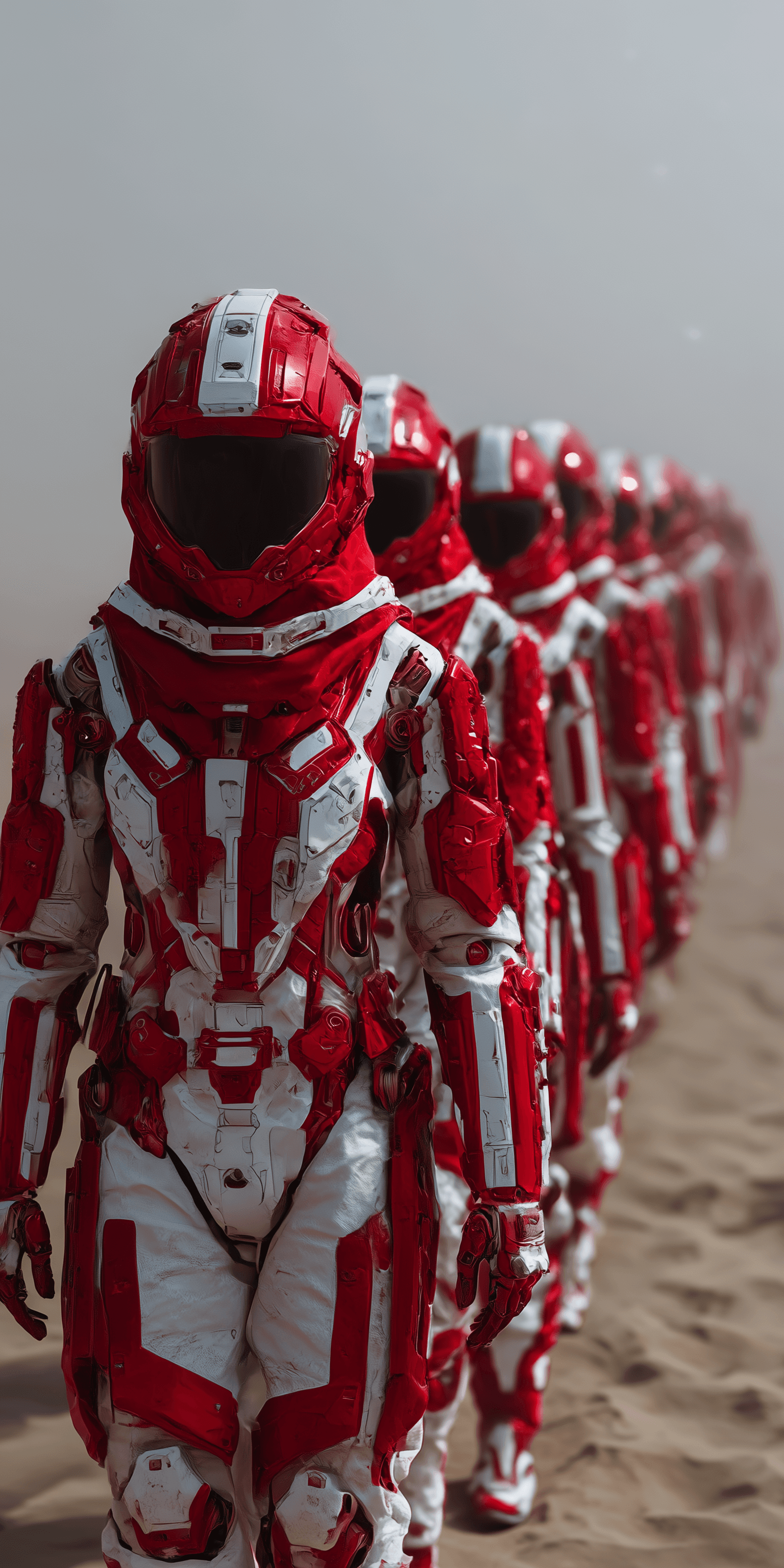 AI generated: A group of female robot astronauts in red and white spacesuits, marching through the desert on Mars....
