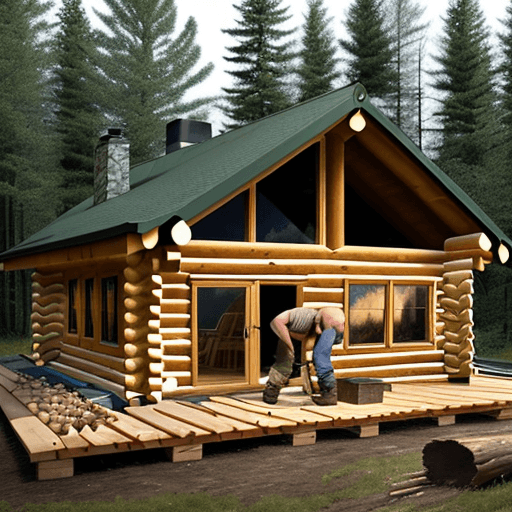 AI generated: A strong man building a log cabin in the woods
