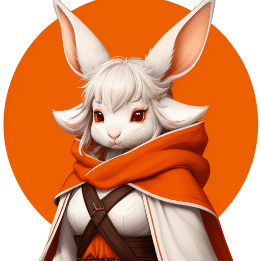 AI generated: art of a rabbitfolk ranger.  She should have white fur with black tip ears.  She is wearing an orang...