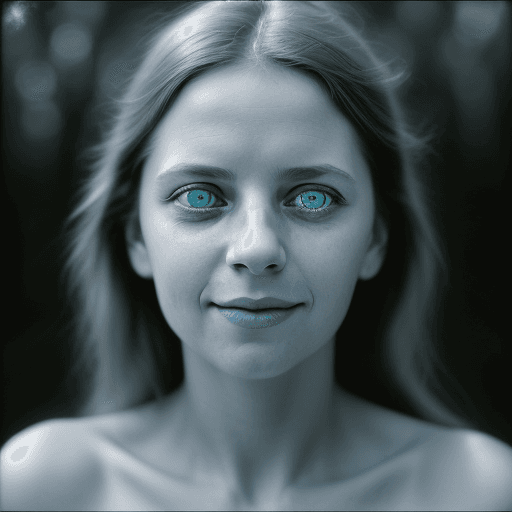 AI generated: colors, sharp light blue eyes, A soul-stirring close-up portrait of a woman, grins, her grace enhanc...