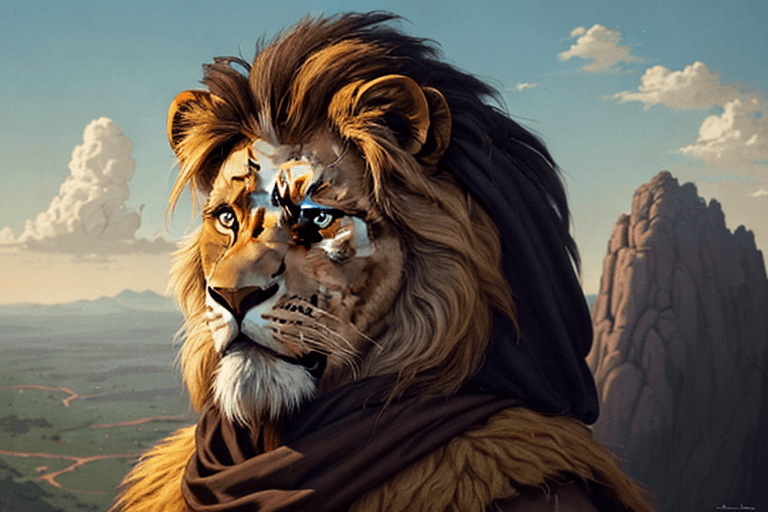AI generated: "A close-up of the lion father from the movie The Lion King, standing on a mountain top, gazing into...