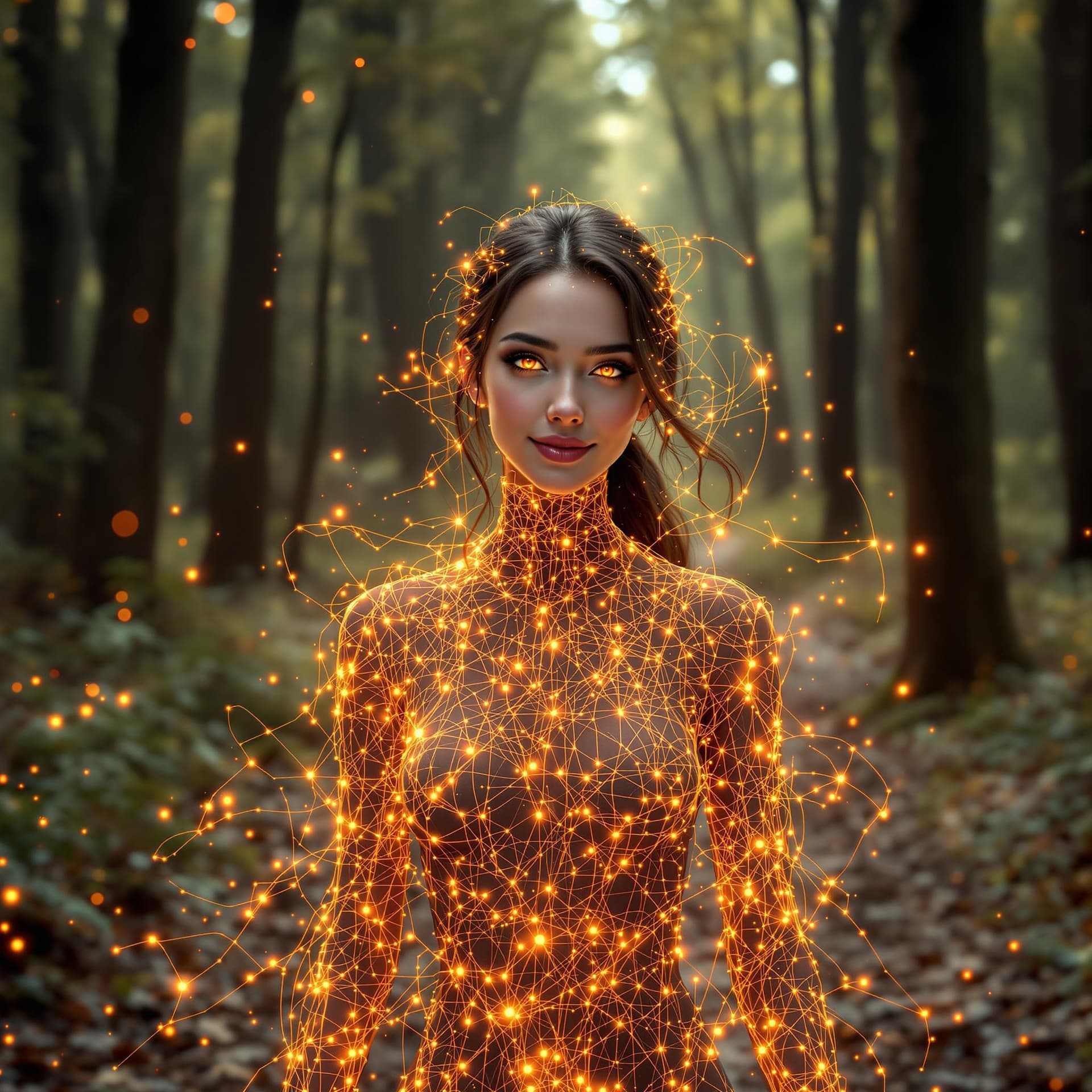 AI generated: A hyperrealistic woman walks toward us, facing the camera, along a very realistic forest trail. Make...