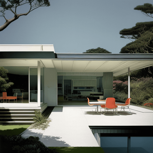 AI generated: Hyper realistic eye level exterior photo of a mid century modern style house overlooking the ocean, ...