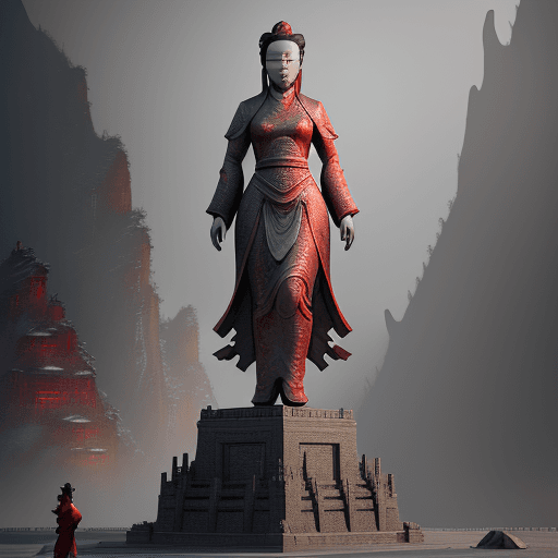 AI generated: a large statue with a woman looking at it, in the style of unreal engine 5, northern china's terrain...