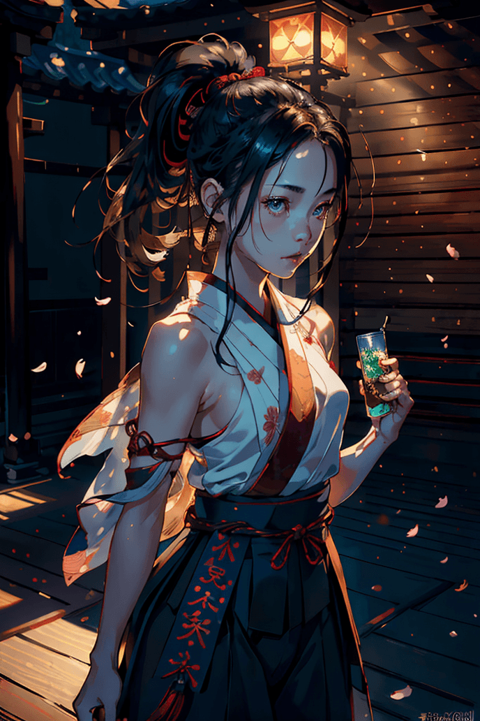 AI generated: Young Samurai with long black hair and ponytail, wearing samurai armor, standing in a Japanese templ...