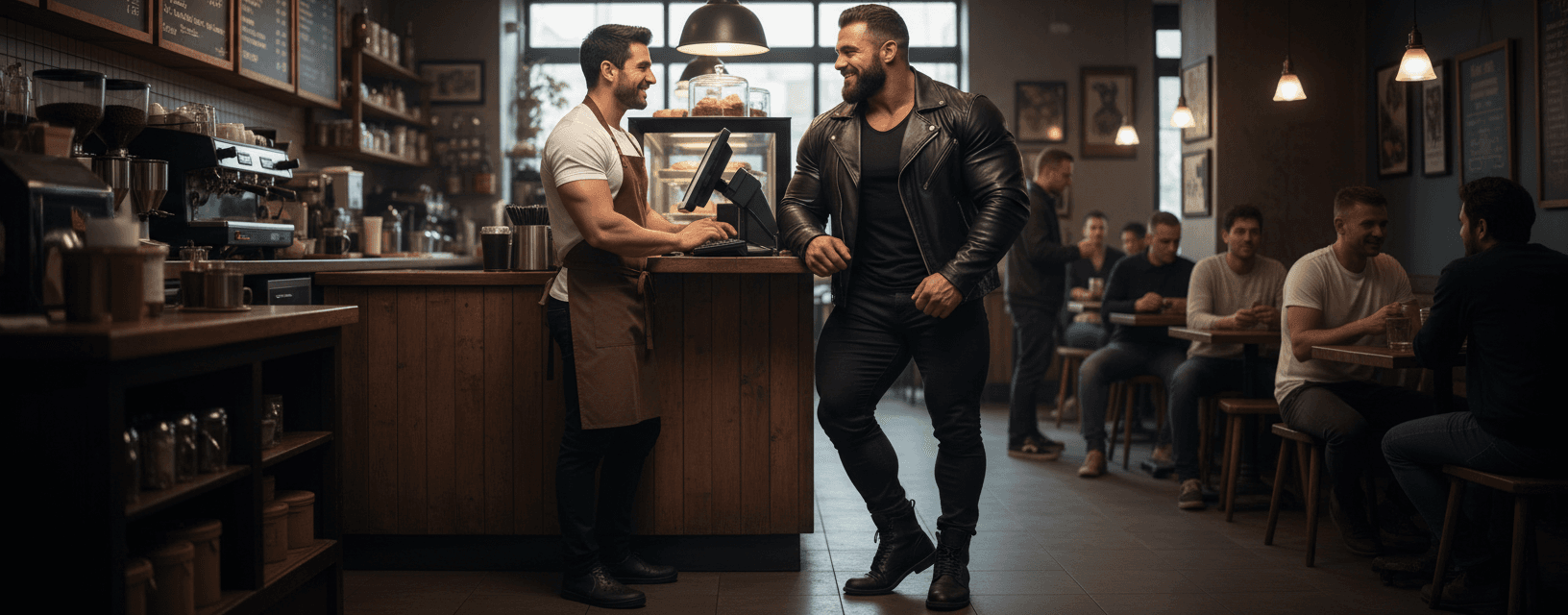 AI generated: Male Hispanic barista 5'2" tall, at a coffee shop behind the counter typing on the computer-register...