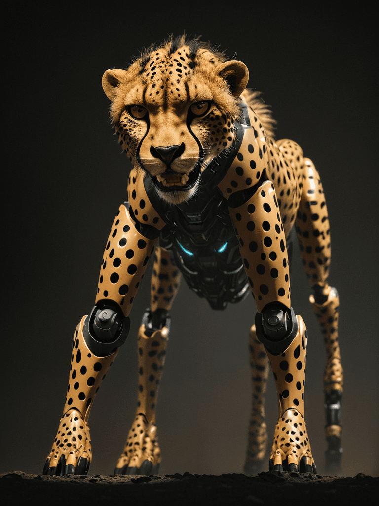AI generated: Photo of a robotic cheetah, dramatic light, night time, cinematic lighting, battered, high angle, tr...