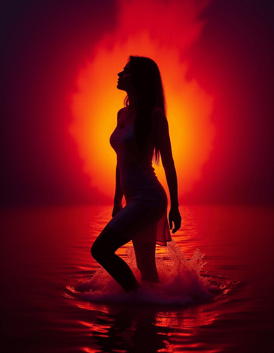 AI generated: A silhouetted Spotlighted woman standing in water, backlit by fiery orange and purple light resembli...