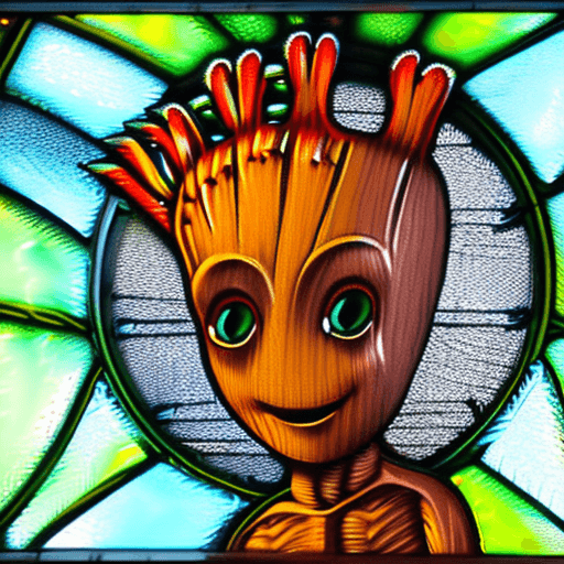 AI generated: stained glass window of baby groot, Intricate, Colorful, Glowing, Religious, Highly detailed, Gothic...