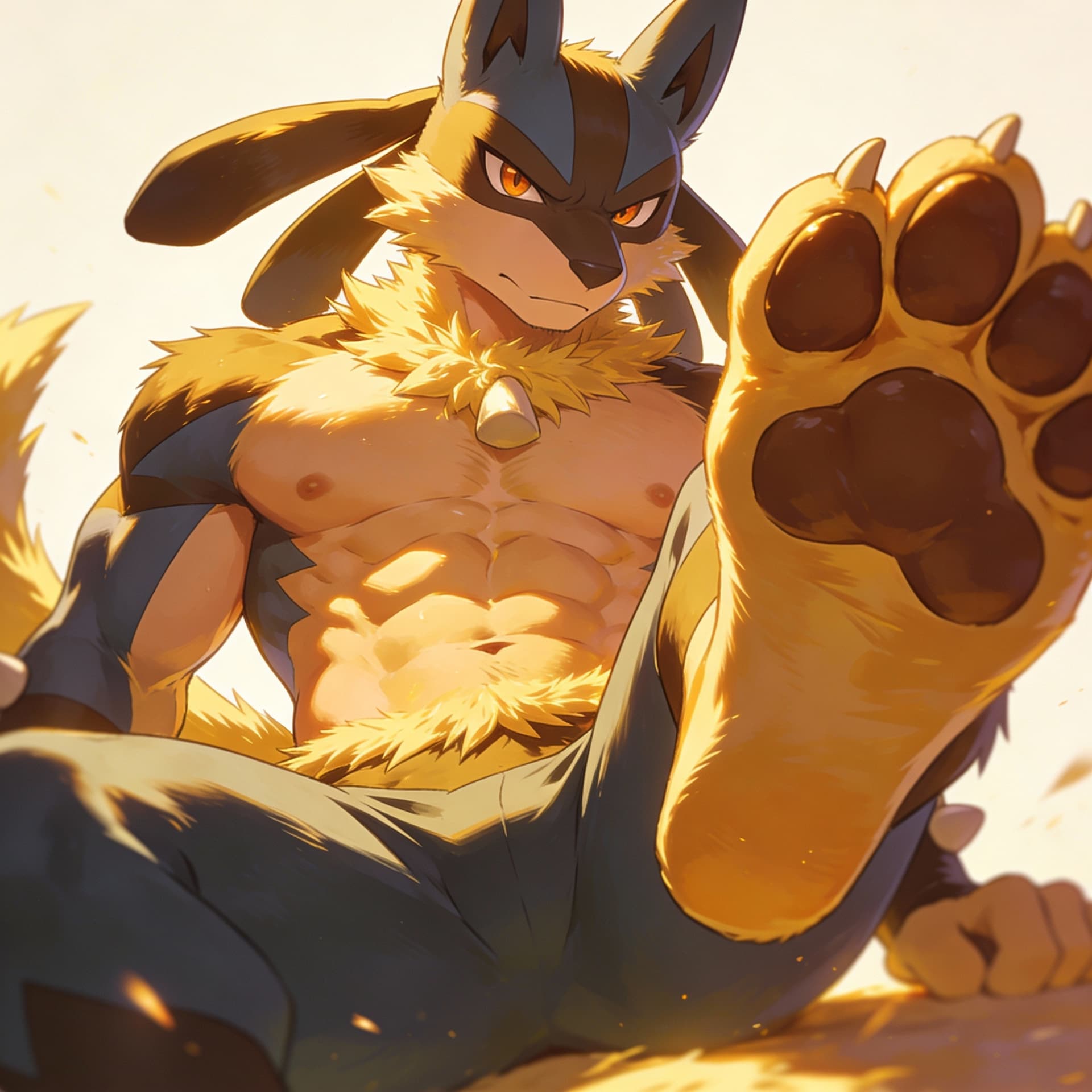 AI generated: Furry, Lucario, pokemon, abs, serious look, sexy, showing his feet paws


