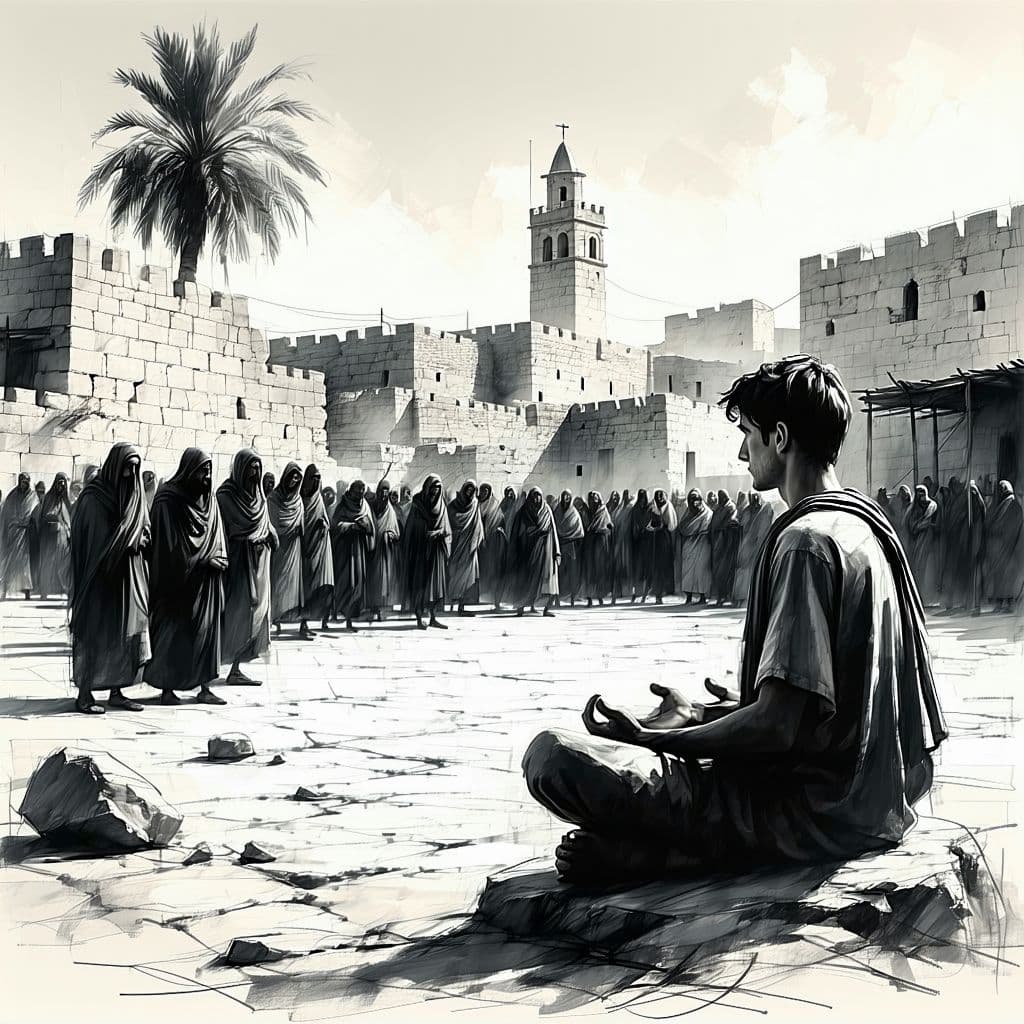AI generated: A black and white charcoal or graphite pencil sketch of a young man seated on a rock in a town squar...