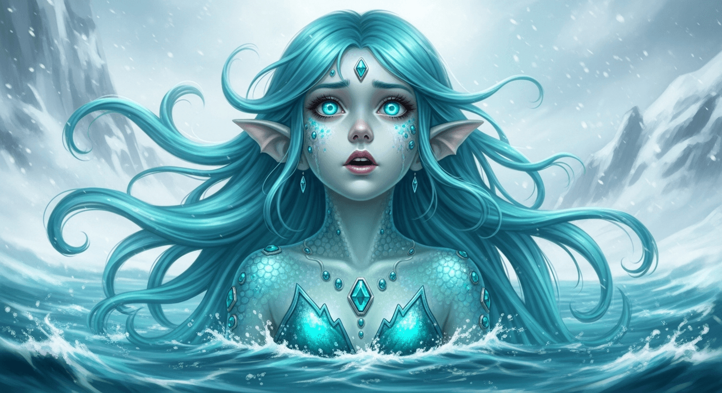 AI generated: A turquoise-haired siren emerges from the sea,her long turquoise hair and hypnotic blue eyes drawing...