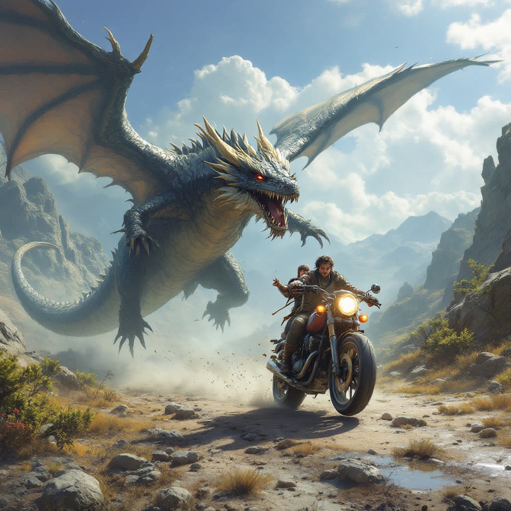 AI generated: two humans escaping on motorcycle from to Dragon attack in the fatnasy land