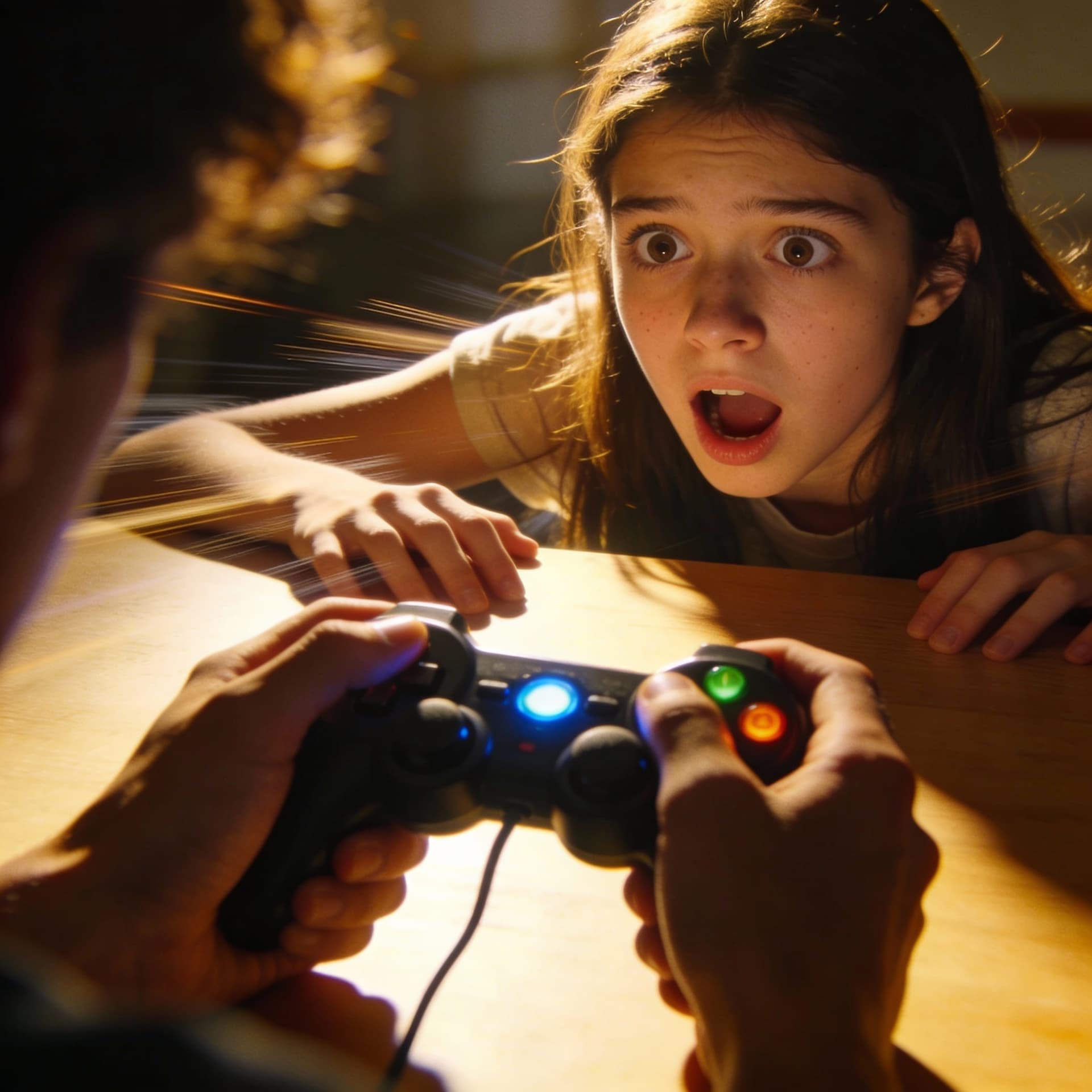AI generated: 18 year old girl sitting across from someone holding a video game controller. you cannot see the per...