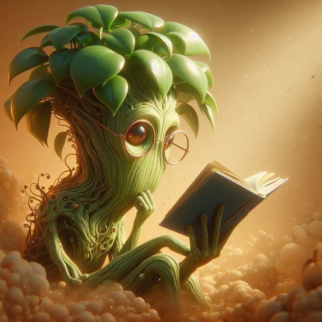 AI generated: An intelligent ficus plant reading a book, in the style of realistic hyper-detailed rendering, soft,...
