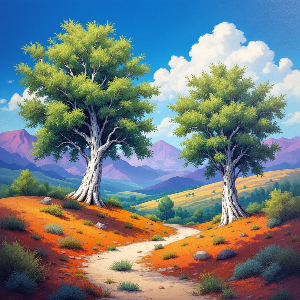 AI generated: Create an abstract landscape painting featuring two prominent trees on either side, characterized by...