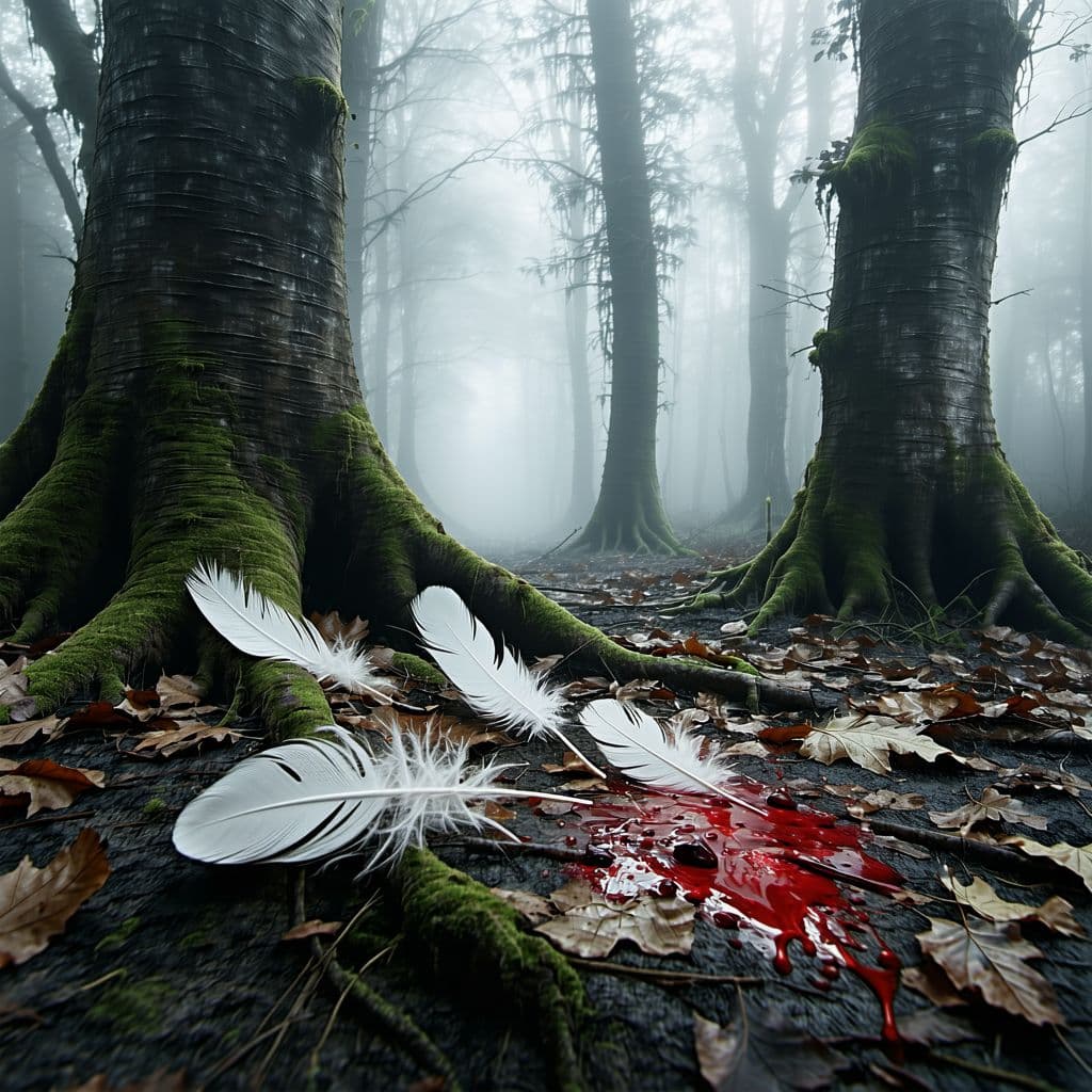 AI generated: Scene: A grayscale forest clearing in ancient Britain, surrounded by twisted, moss-covered trees and...