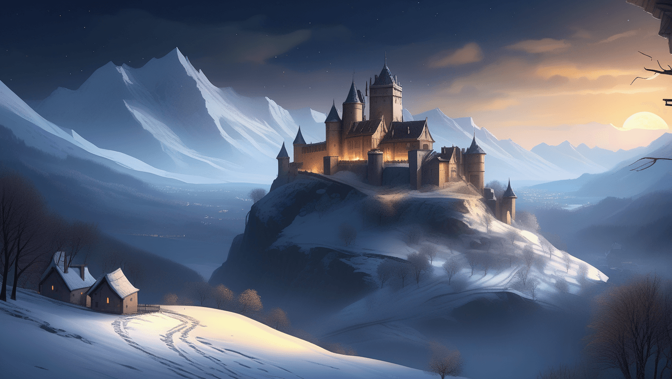 AI generated: a castle sitting on top of a snow covered mountain, inspired by Raphael Lacoste, medieval village on...