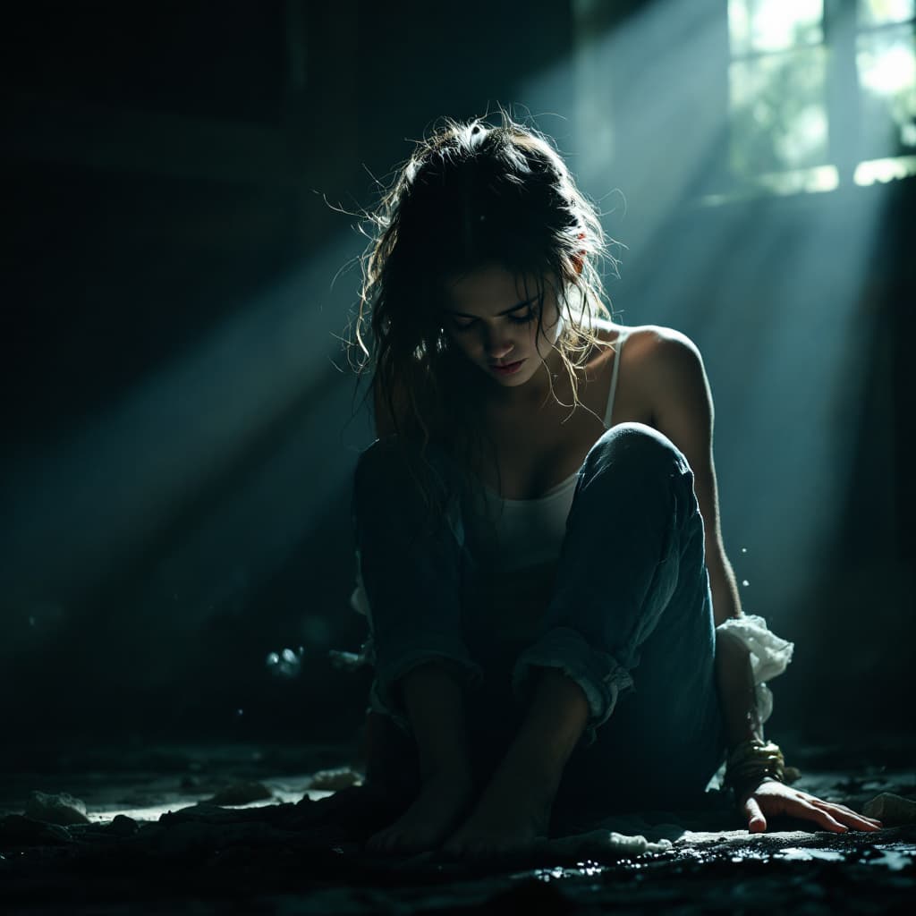 AI generated: Photo of a girls who is peeing her pants, dramatic light, cinematic lighting, battered, low angle, 4...