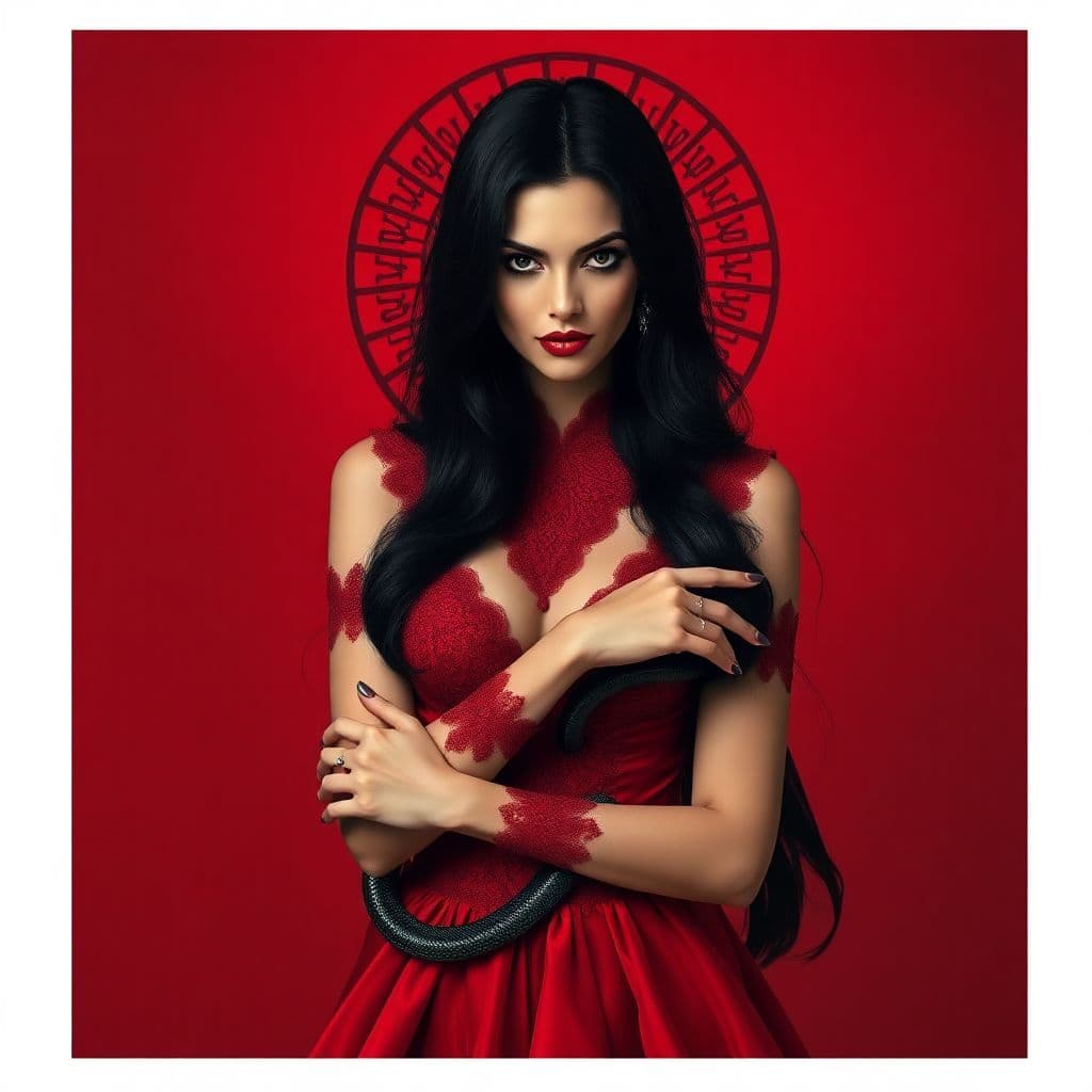 AI generated: Create an image of a woman with long black hair wearing an opulent high fashion red gown against a d...