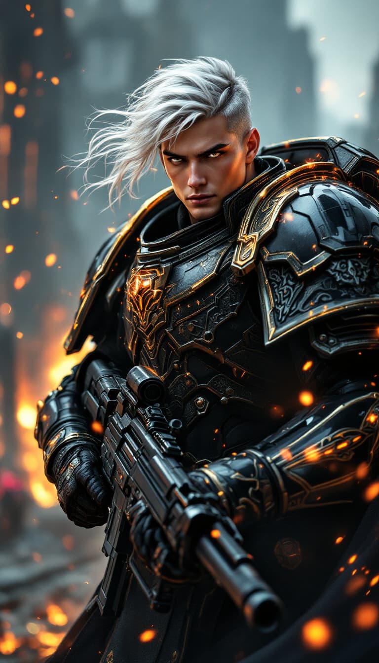 AI generated: A dynamic angle, full-body view, realistic portrait of a male space marine, his white hair flowing f...
