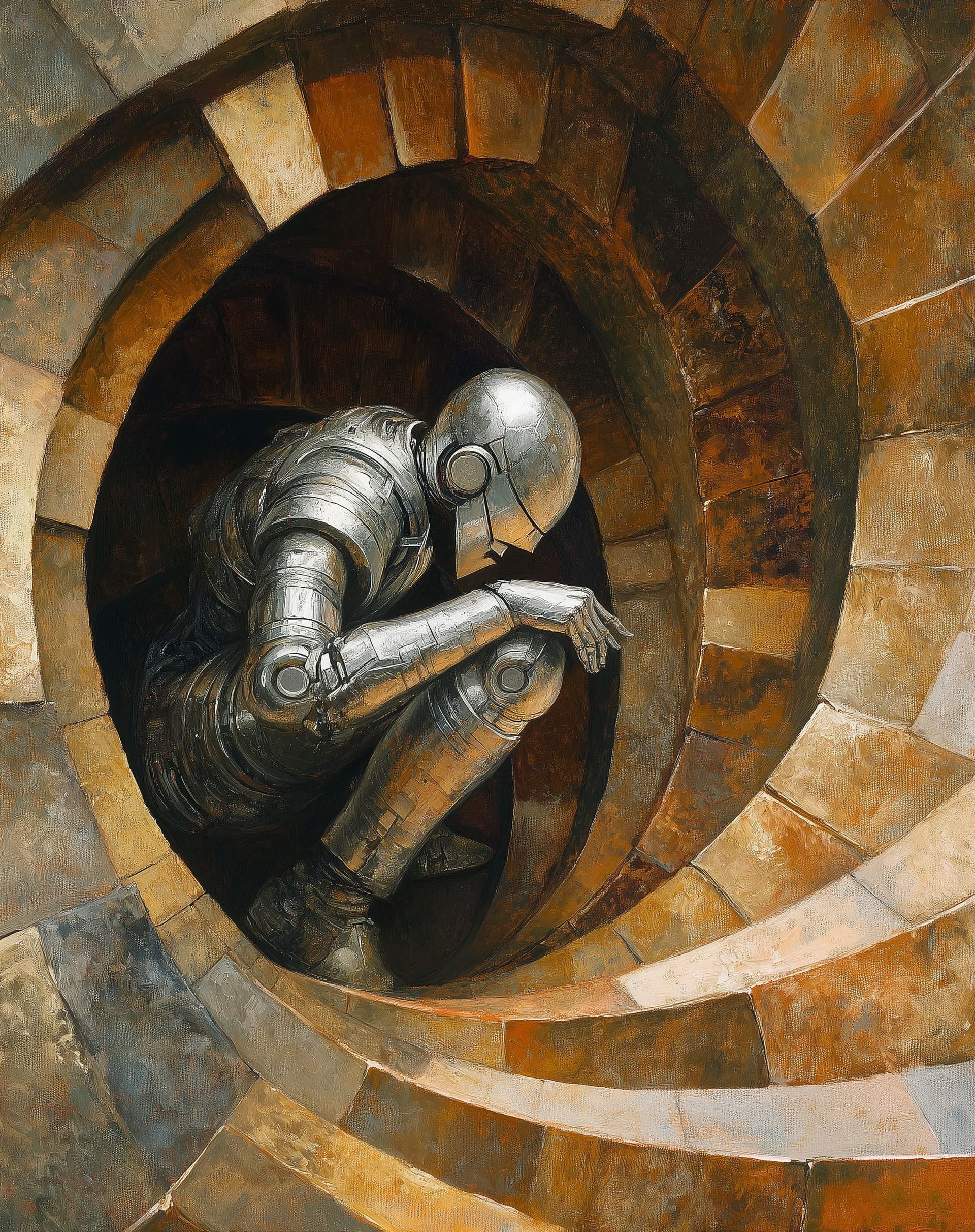 AI generated: The chrome man is holding the silver robot in his arms, inside of an o older spiral staircase with c...