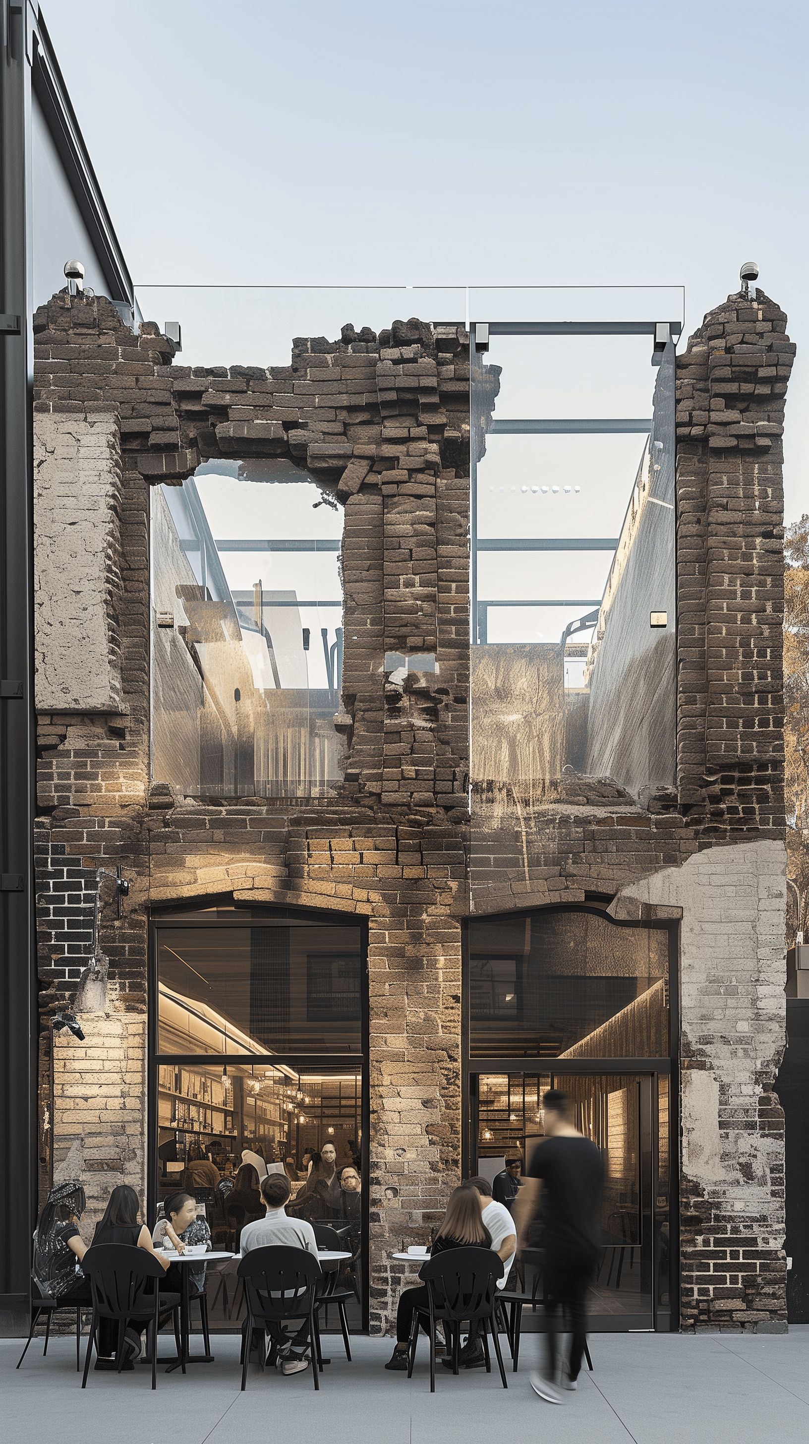 AI generated: capture the front view of a minimalist café facade with historical charm, combining exposed brickwor...