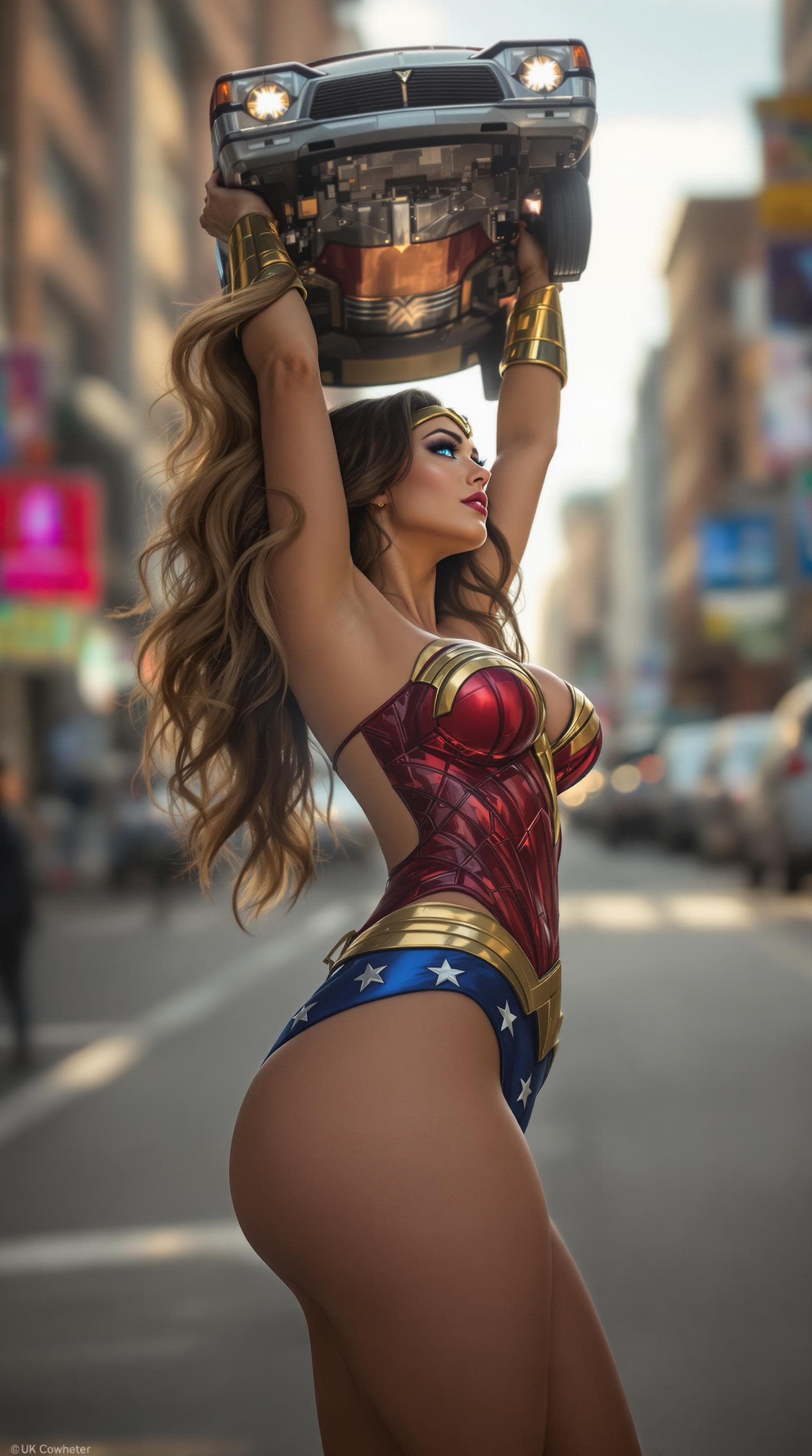 AI generated: full body side view, portrait of a photo-realistic beautiful curvy 38-year-old female with long wavy...
